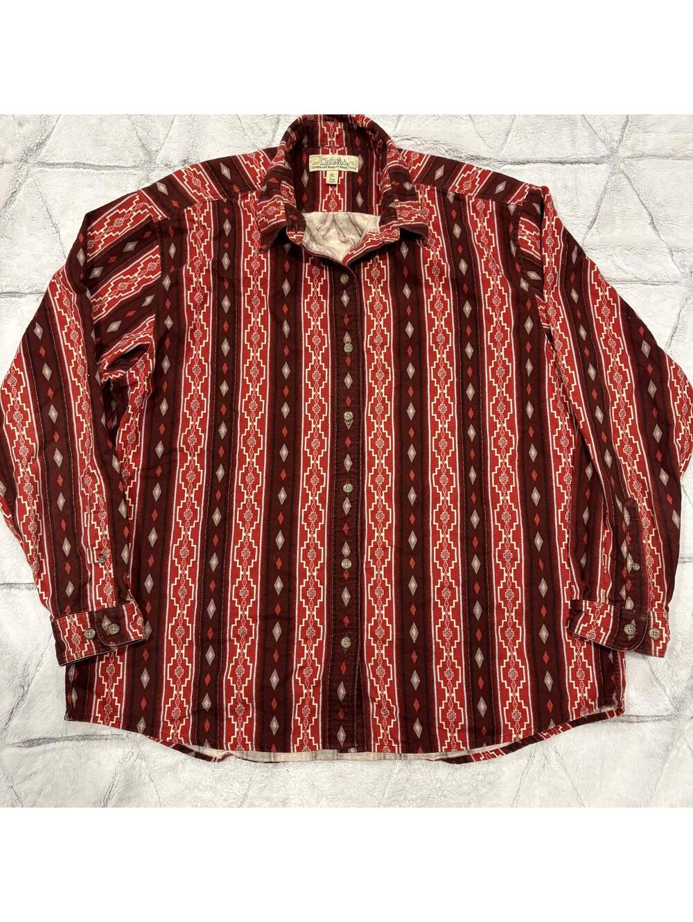 Cabela's Bold Western Men's XL Red Brown Geometric Pattern Cotton Flannel Shirt